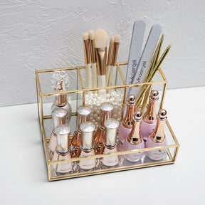 Glass Makeup Brush Holder, Vintage Cosmetic Brushes Organizer with Mirror Tray