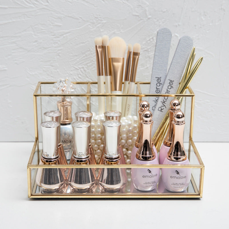 Glass Makeup Brush Holder, Vintage Cosmetic Brushes Organizer with Mirror Tray