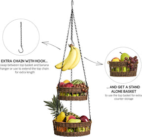 3 Tier Hanging Fruit Basket Wicker Vegetable Storage And Fruit Organizer With Banana Holder