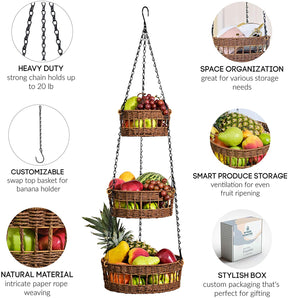 3 Tier Hanging Fruit Basket Wicker Vegetable Storage And Fruit Organizer With Banana Holder