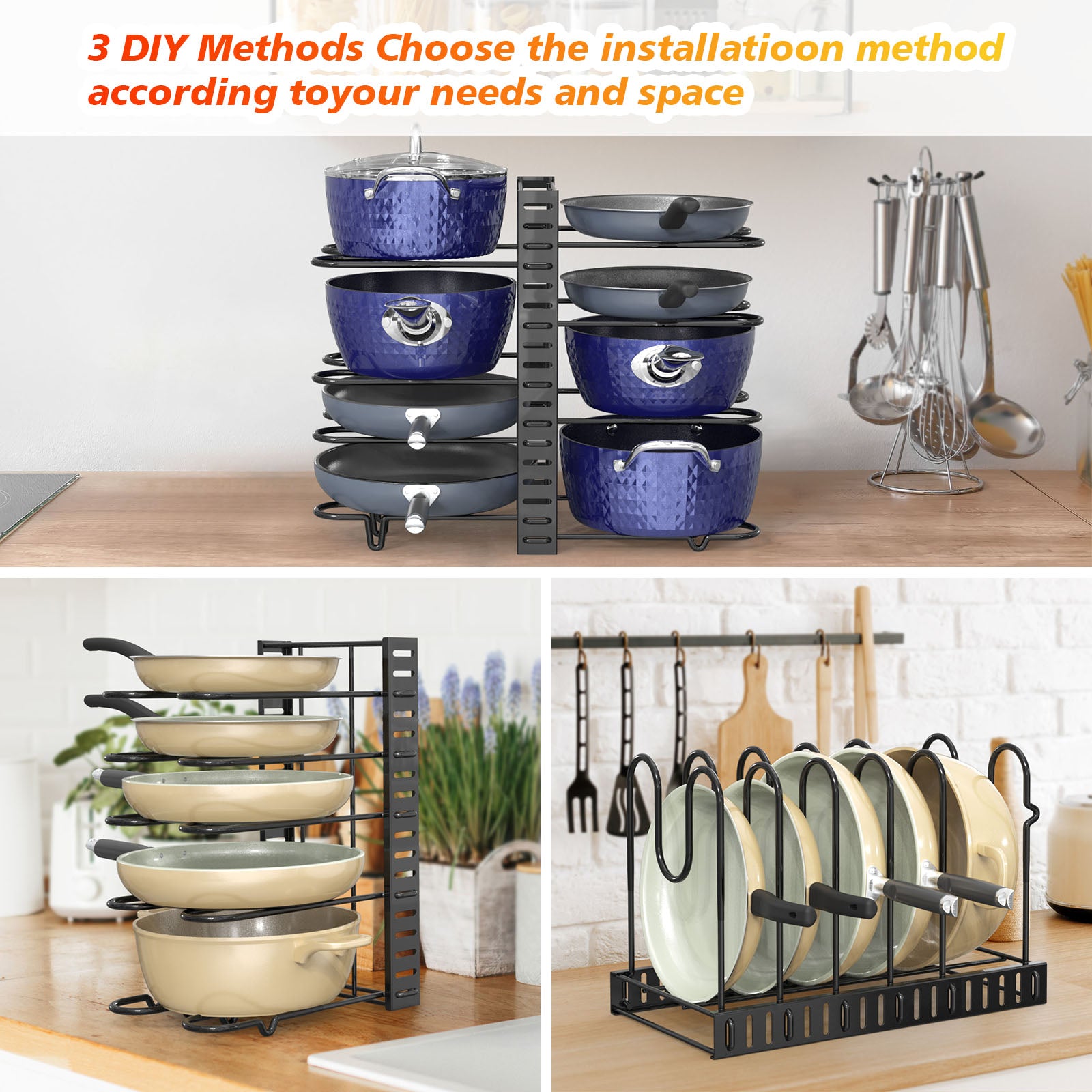 Adjustable Kitchen Organization And Storage For Pots And Pans - 8 Tier Pot Rack